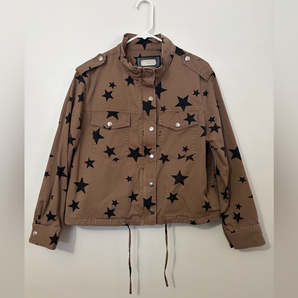 100% Cotton Indigo Saints Garment Dye Star-Print Utility Jacket in Brown